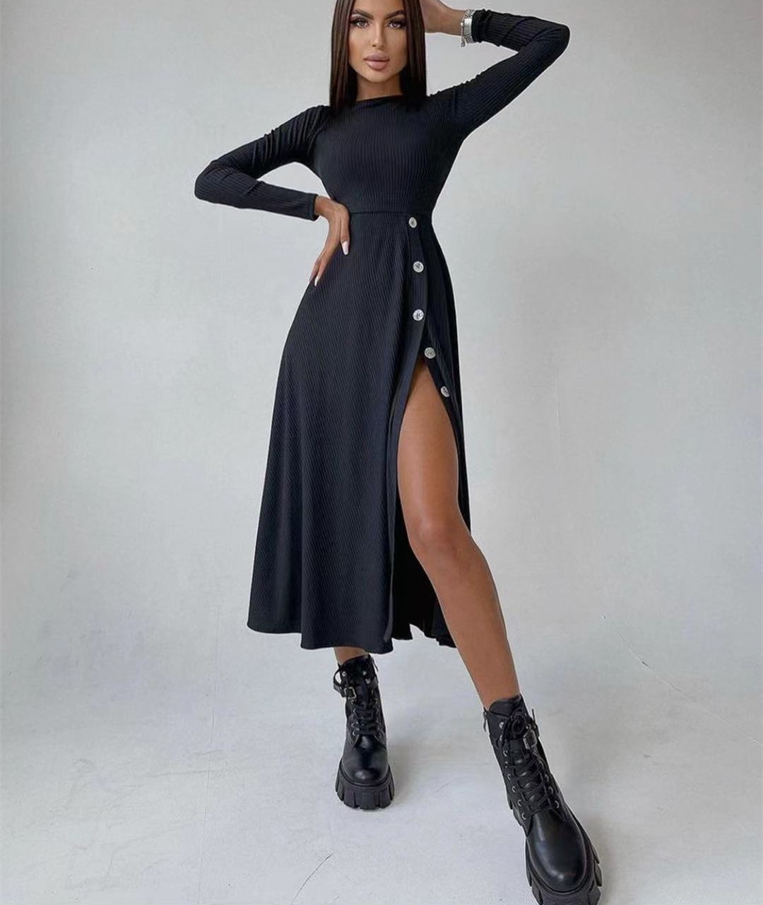 ins2023外贸欧美风秋冬新款不规则性感开叉包臀高腰中长裙连衣裙